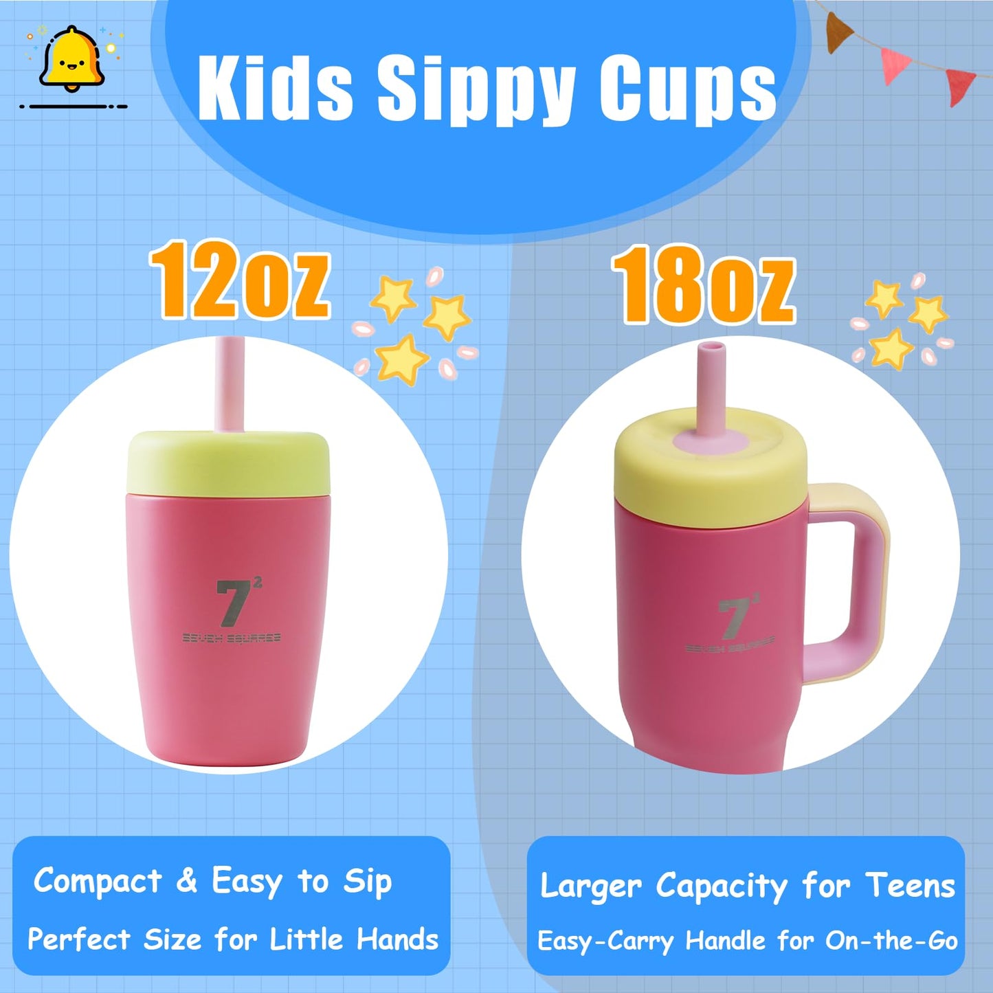 SEVEN SQUARED 72 12oz Kids Tumbler Spill Resistant with Lid and Silicone Straw, Insulated Kids Cups Stainless Steel Water Bottle, Dishwasher Safe BPA-FREE