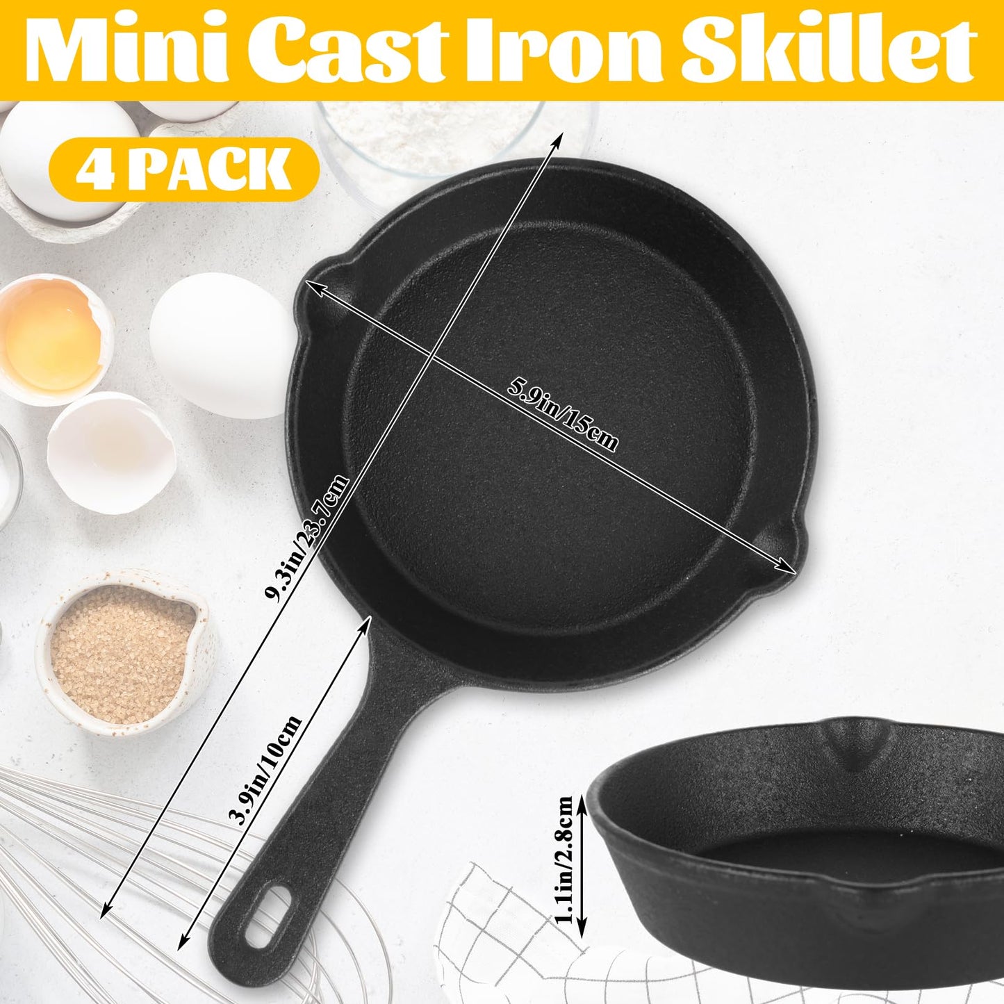 LDHHYH 4 Pack Mini Cast Iron Skillet, 5.5 Inch Small Cast Iron Frying Pan, Pre-Seasoned Cast Iron Skillet Set, Black Non-Stick Mini Cast Iron Cookware for Stove Oven Grill Safe Indoor and Outdoor Use