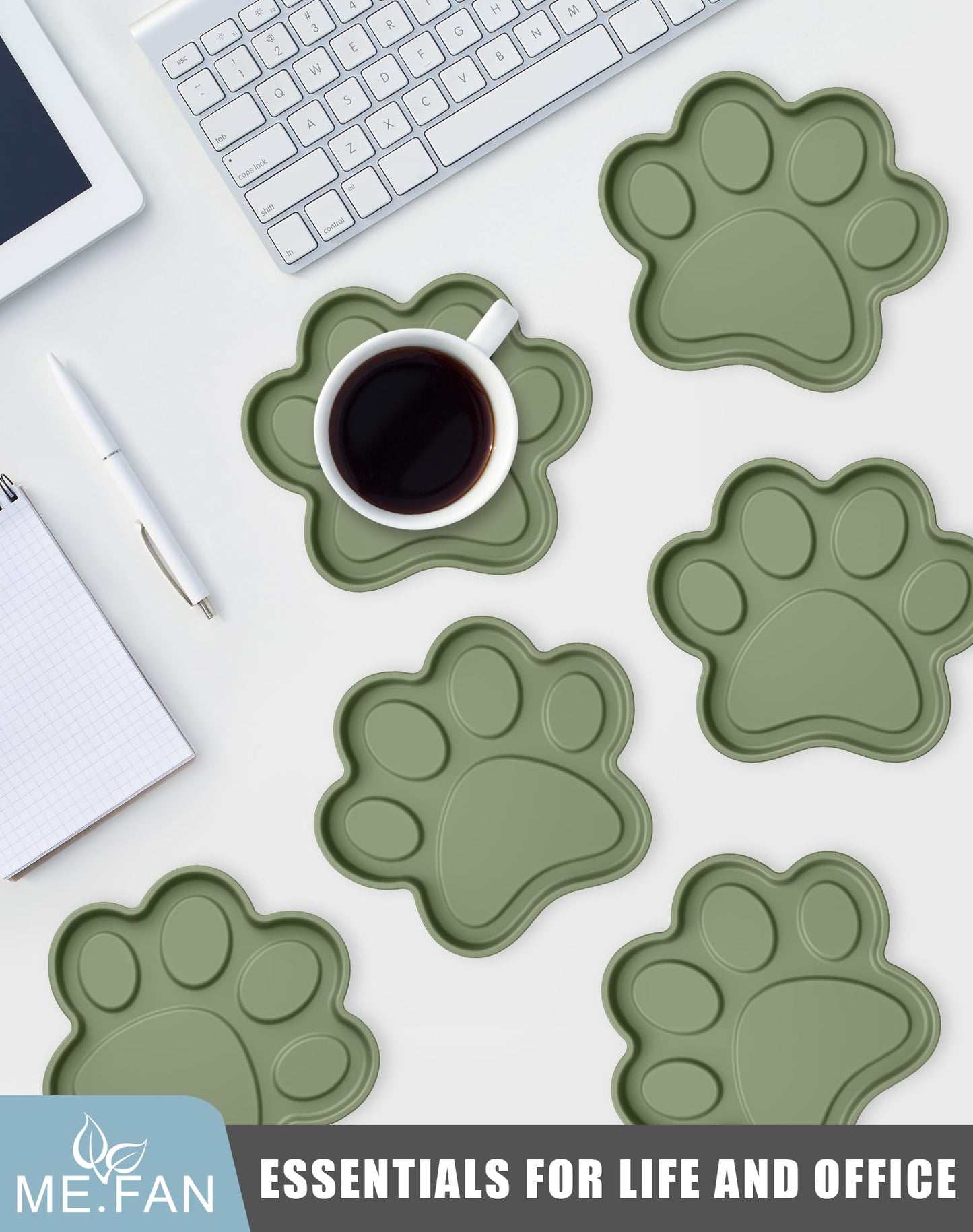 ME.FAN Silicone Coasters 6 Pack Paw Cup Mat with Holder, Dog Cat Paw Shape, for Hot or Cold Drink, Non-Slip, Non-Stick, Room Decor, Housewarming Olive Green