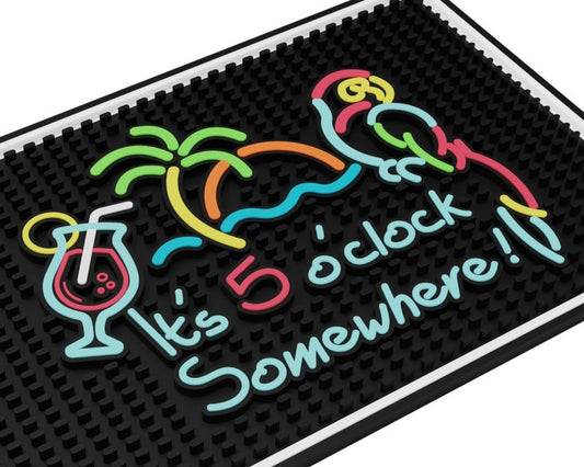 It's 5 O'Clock Somewhere Sign Rubber Bar Mats for Bartending 18x12 in, Bar Mats for Countertop Tiki Decor, Tiki and Outdoor Accessories, Aloha & Luau Party Decorations and Hawaiian Party Decorations