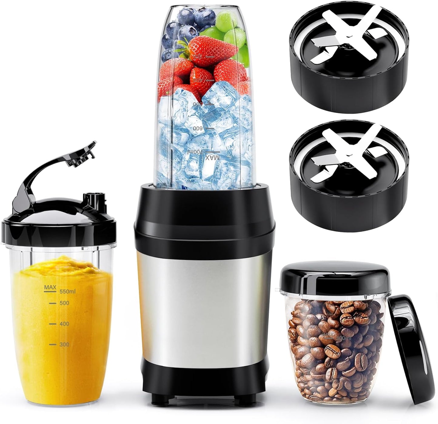 Nahida Blender - 1200W Smoothie Maker for Ice Crushing | Includes 2 Blades & 23oz, 32oz, 37oz Go Cups - Silver
