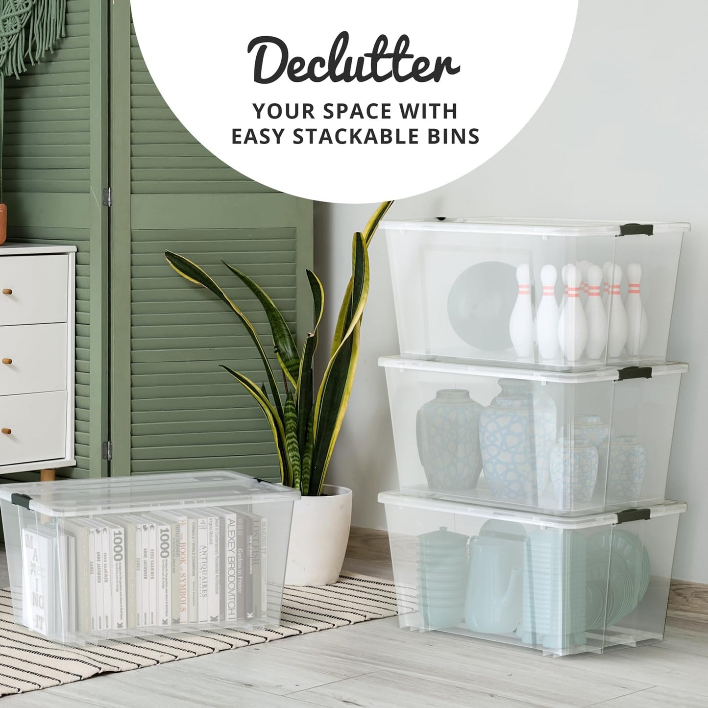 Lifetime Appliance Parts 75 Qt. Plastic Storage Bin - Ultra Durable Lids & Secure Latching Buckles | Stackable Clear with Black Handle
