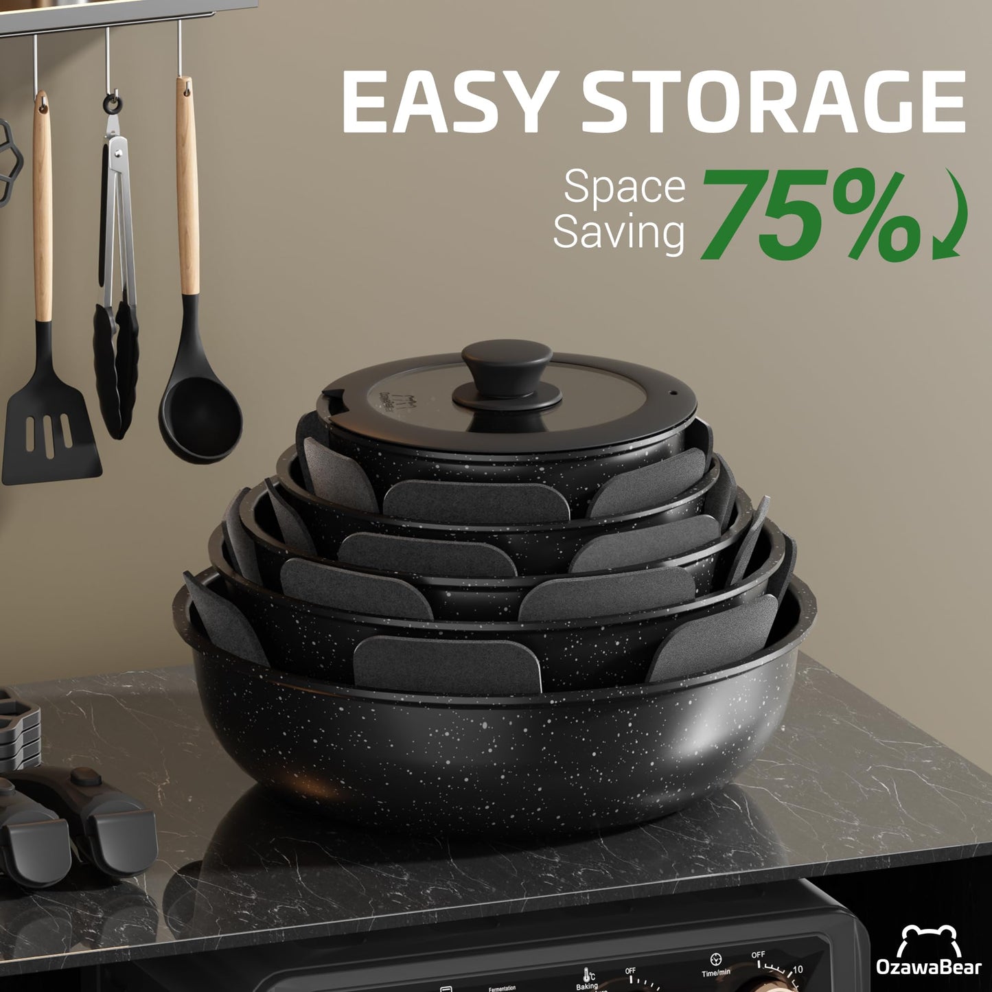 OzawaBear 23 Pcs Pots and Pans Set Non Stick, Ceramic Cookware Set Non Toxic with Detachable Handles, Healthy Induction Cookware Oven Safe RV Kitchen Set, PFAS PFOA & PTFE Free, Black