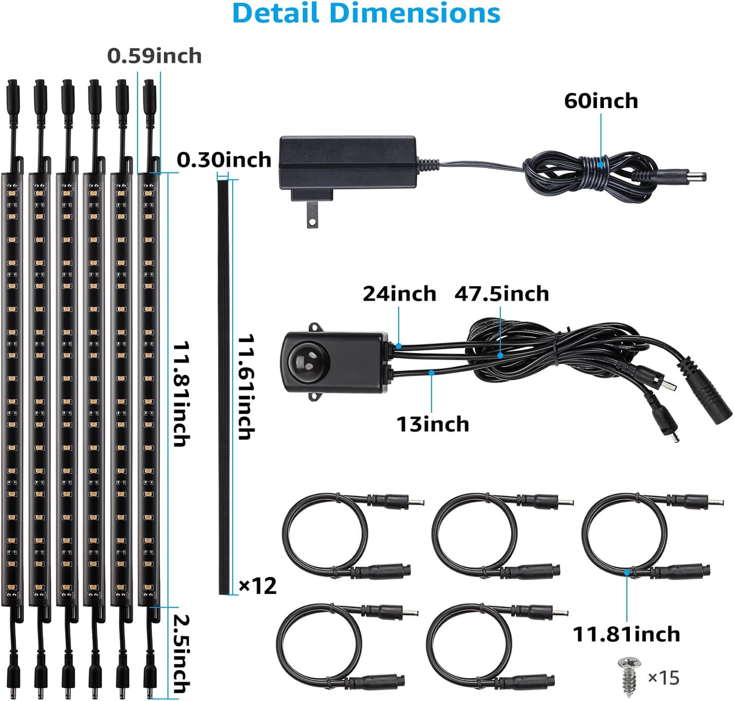 TORCHSTAR LED Lighting Kit - 6 Linkable 12-Inch Light Bars with Motion Sensor & UL Power Adapter | 900LM, 5000K Daylight