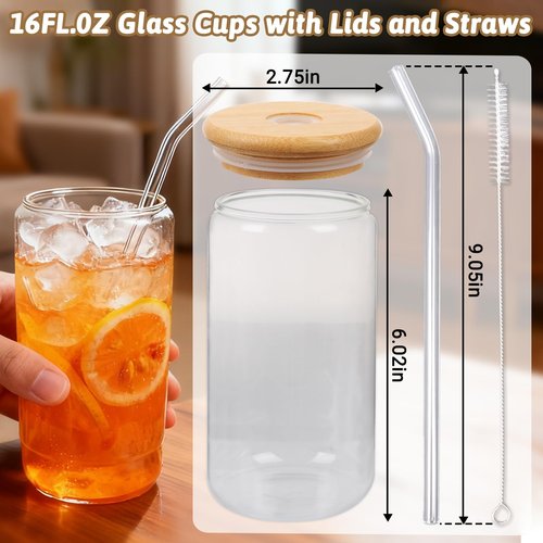 Alotpower Borosilicate Glass Cups with Lids and Straws, 16 oz Reusable Tumbler Set (6-Pack) Includes Bamboo Lids, Glass Straws & Brush for Iced Coffee, Bubble Tea, Cold Beer, Juice