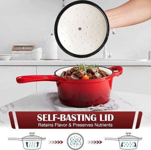 E-far Enameled Cast Iron Saucepan Set - 1Qt & 2Qt Heavy Duty Pots with Self-Basting Lids | Induction-Ready, Easy Clean, Red