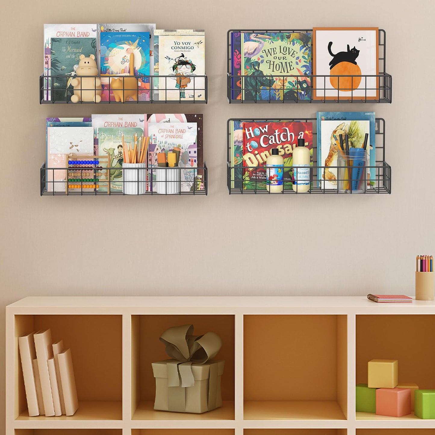 MFTEK Wall Mounted Metal Kids Bookshelf - Wall Book Shelf for Kids Rooms, Hanging Book Shelves Organizer for Room Decor, Nursery Classroom Home Floating Bookshelves Black 4 Pack