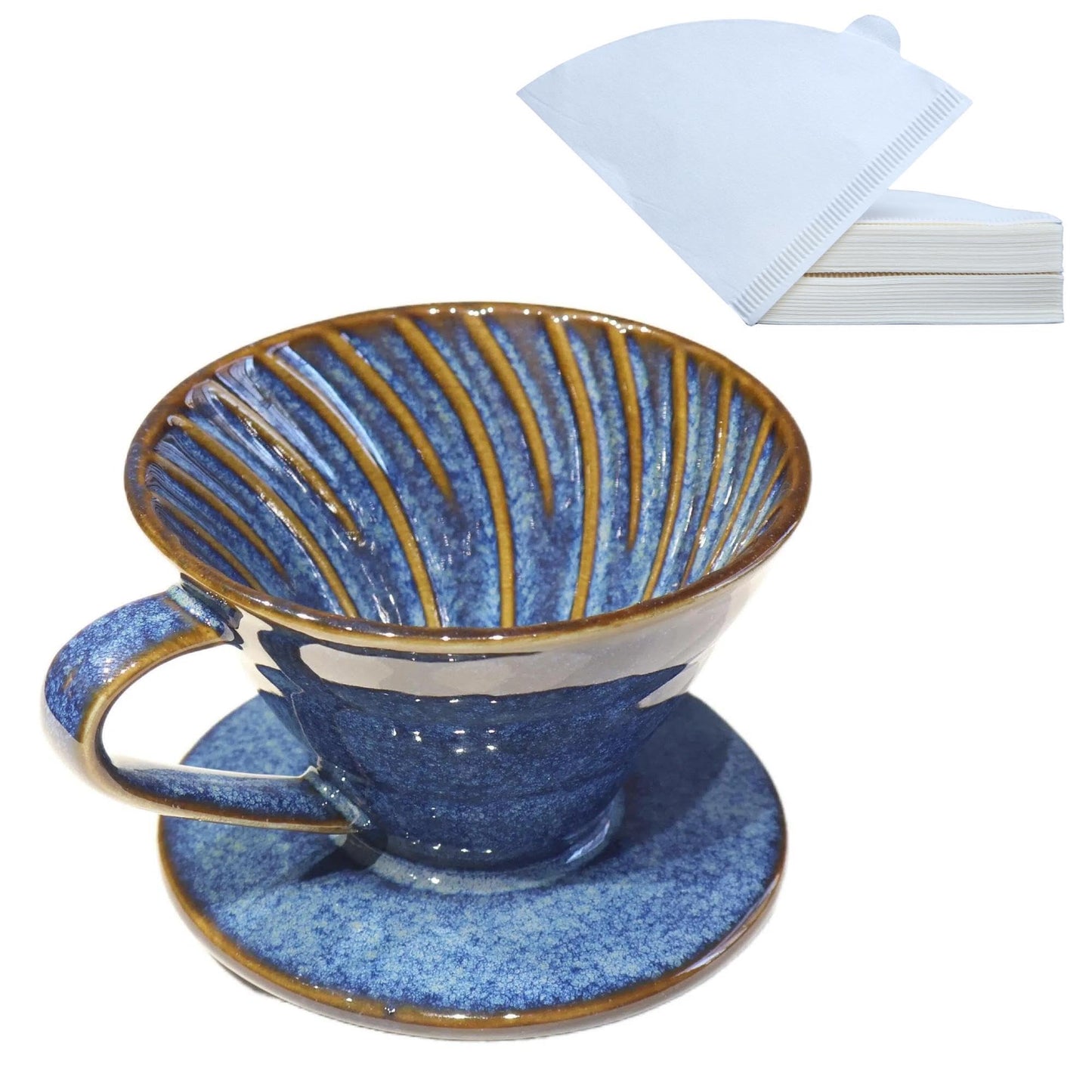 LonMuseum Ceramic Coffee Dripper includes 50 Filters 01 Pour Over Coffee Maker Porcelain V Hand Brewed Set Pottery Artisanal Drip Brew Barista Gift 1 Cup for Single People Travel Camping Office Home