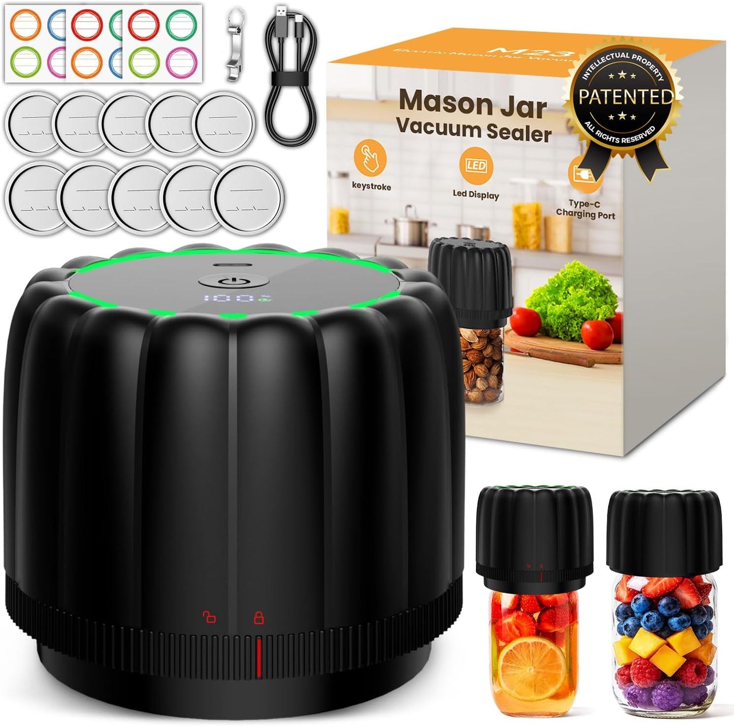 Upgraded Electric Mason Jar Vacuum Sealer Kit by [Brand Name] - Automatic One-Touch Food Storage with Wide & Regular Mouth Lids, 2500mAh Battery, Black