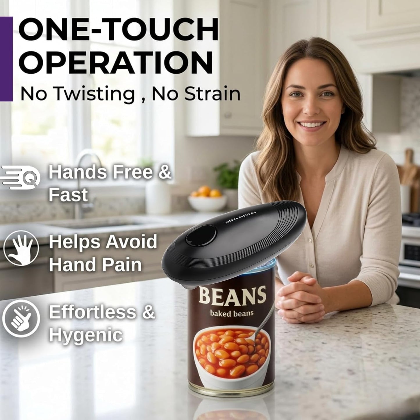 Skiennix Electric Can Opener - One Touch Automatic, Smooth Edge Design | Ideal for Seniors & Arthritis Relief