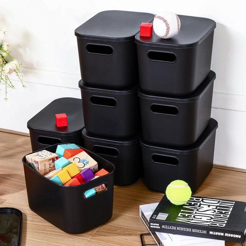 Hoolerry Colorful Storage Bins - 8-Piece Stackable Plastic Organizing Containers with Lids | Black (9.8 x 7.1 x 6.3 Inch)