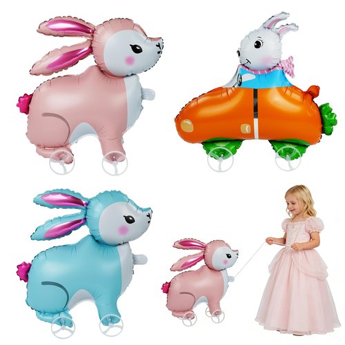 3Pcs Easter Walking Bunny Balloons With Wheels for Kids, Pull Along Walking Bunny Foil Balloons for Easter Birthday Party Favors, Self-Standing Walking Balloon Animals Decorations Gift Supplies