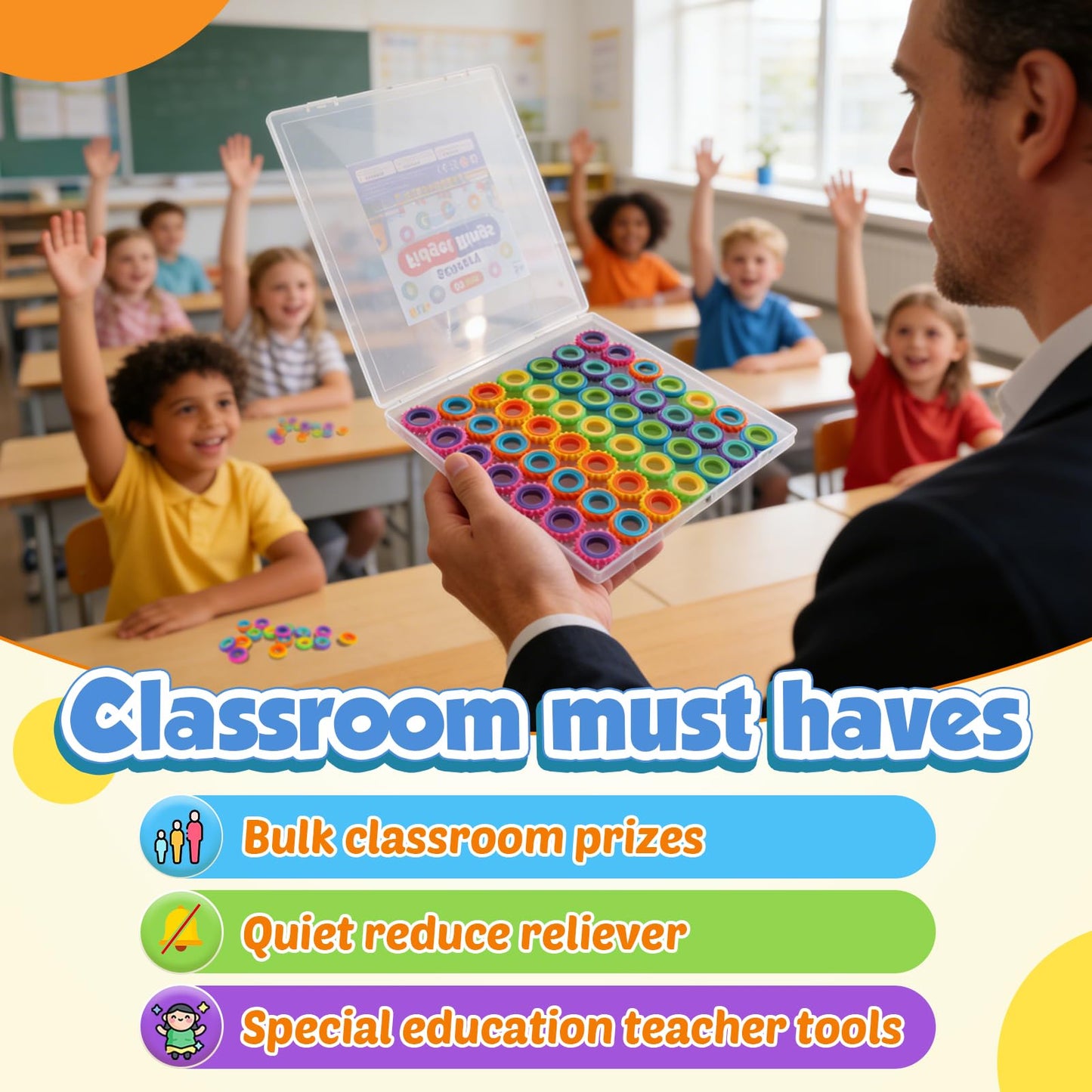 KLT Fidget Toys Bulk for Kids: 50 Pack Texture Spinner Rings - Bulk Fidgets for Students Classroom Prizes - Quiet Sensory for Autism Stress Relief - Goodie Bags Stuffers for Party Favors
