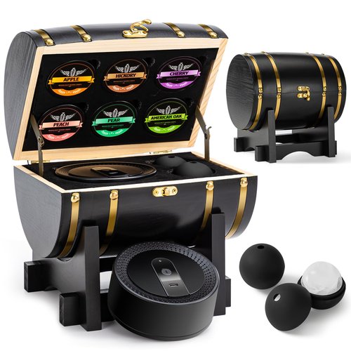 Electric Whiskey Smoker Kit with Wooden Display Barrel, Rechargeable Cocktail Smoker Kit with 6 Premium Wood Chips for Old Fashioned & Whiskey – Bar Gift for Men, Dad, Husband (No Butane Needed)