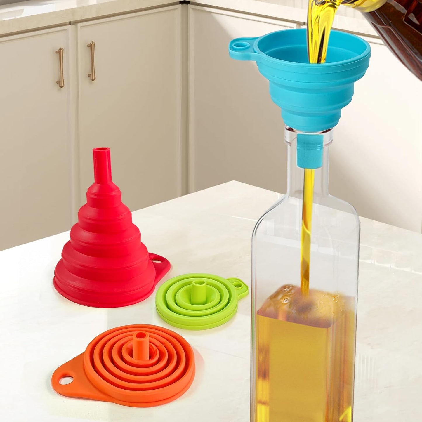 Skiennix Kitchen Funnel Set - 4 Pack of Foldable Silicone Funnels for Easy Liquid Transfer | Food Grade