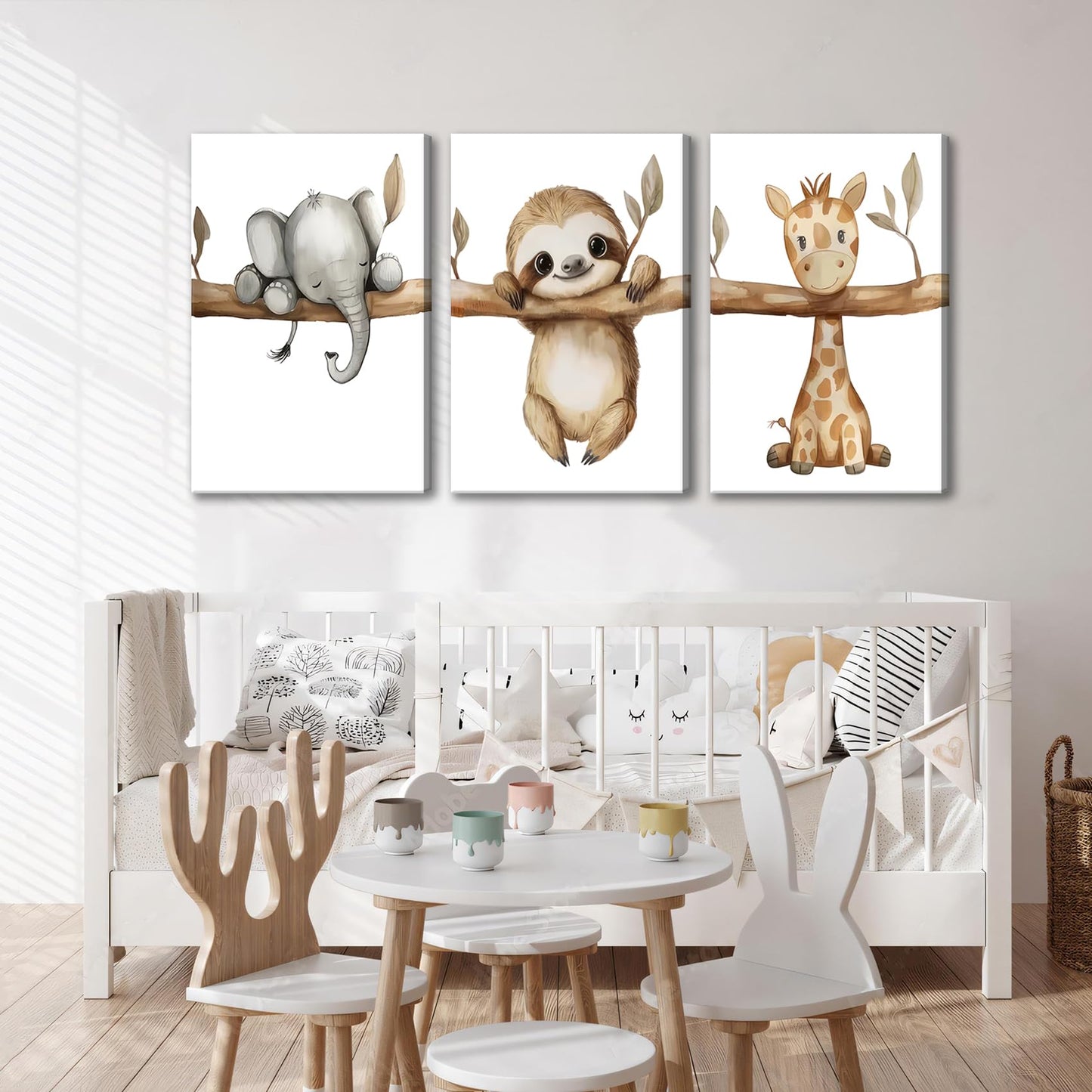 3Pcs Nursery Animal Canvas Wall Art Safari Nursery Poster Prints Jungle Kids Painting Cute Animal Elephant Sloth Giraffe Artwork Picture Wall Decor for Boys Room Girls Room 16x24in Framed