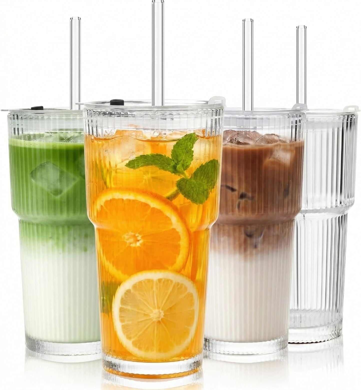 Haundry 20oz Ribbed Glass Cups with Lids and Straws, 4 Pack Iced Coffee Cups with Lids, Leak-Resistant Glass Tumblers, Reusable Coffee Cups for Coffee Bar, Matcha, Smoothies, Juice