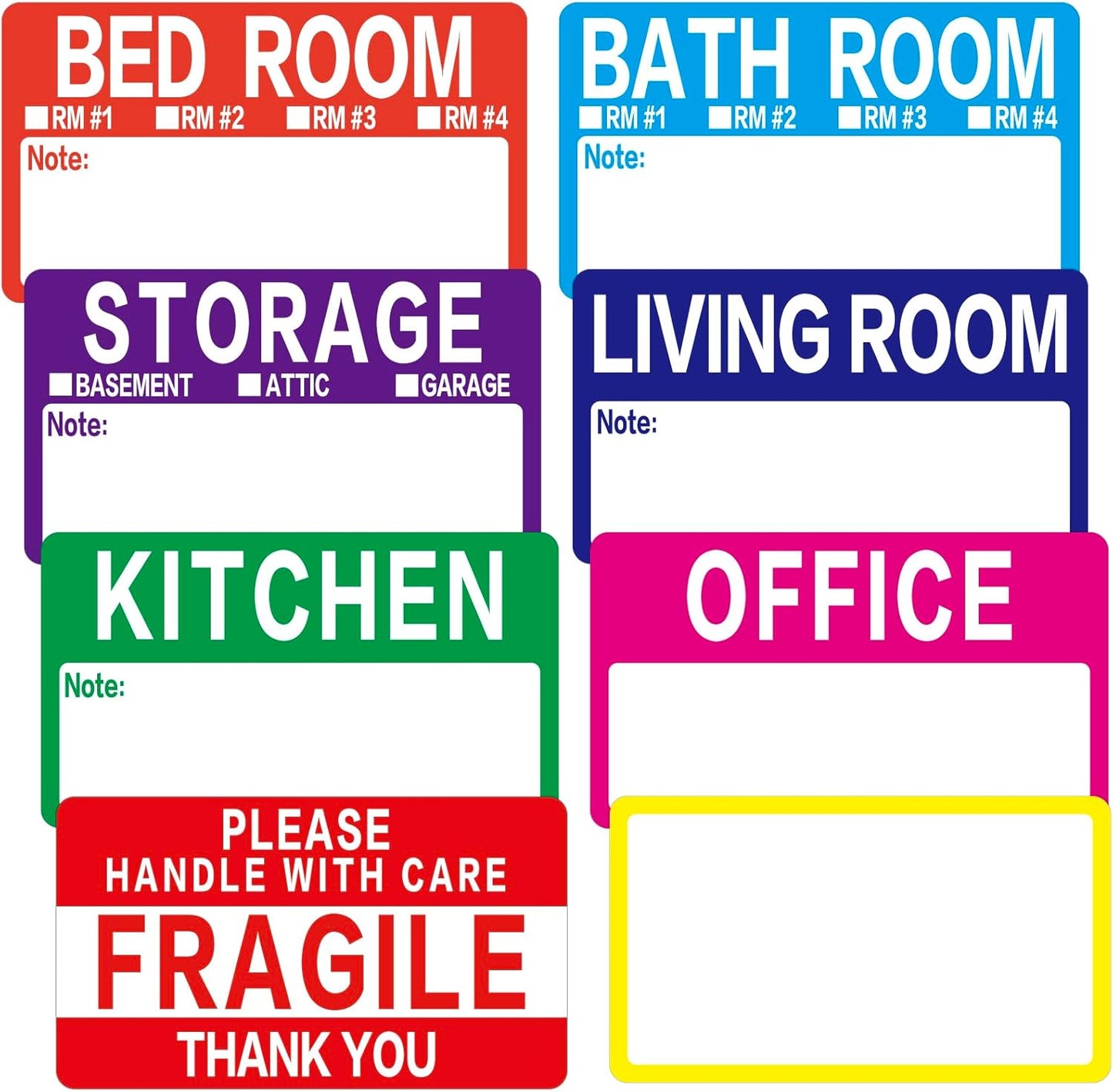 Large Home Moving Packing Box Labels - 300 Count | Color-Coded for 3-4 Bedroom House with Writable Notes