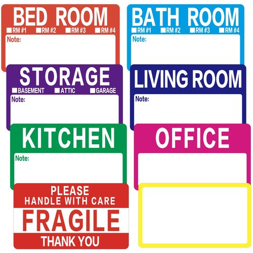 300 Count 3.5 x 2 Large Home Moving Packing Box Labels for 3-4 Bedroom House with Writable Notes Areas, 7 Color Coded Moving Labels for Boxes + Fragile Moving Stickers