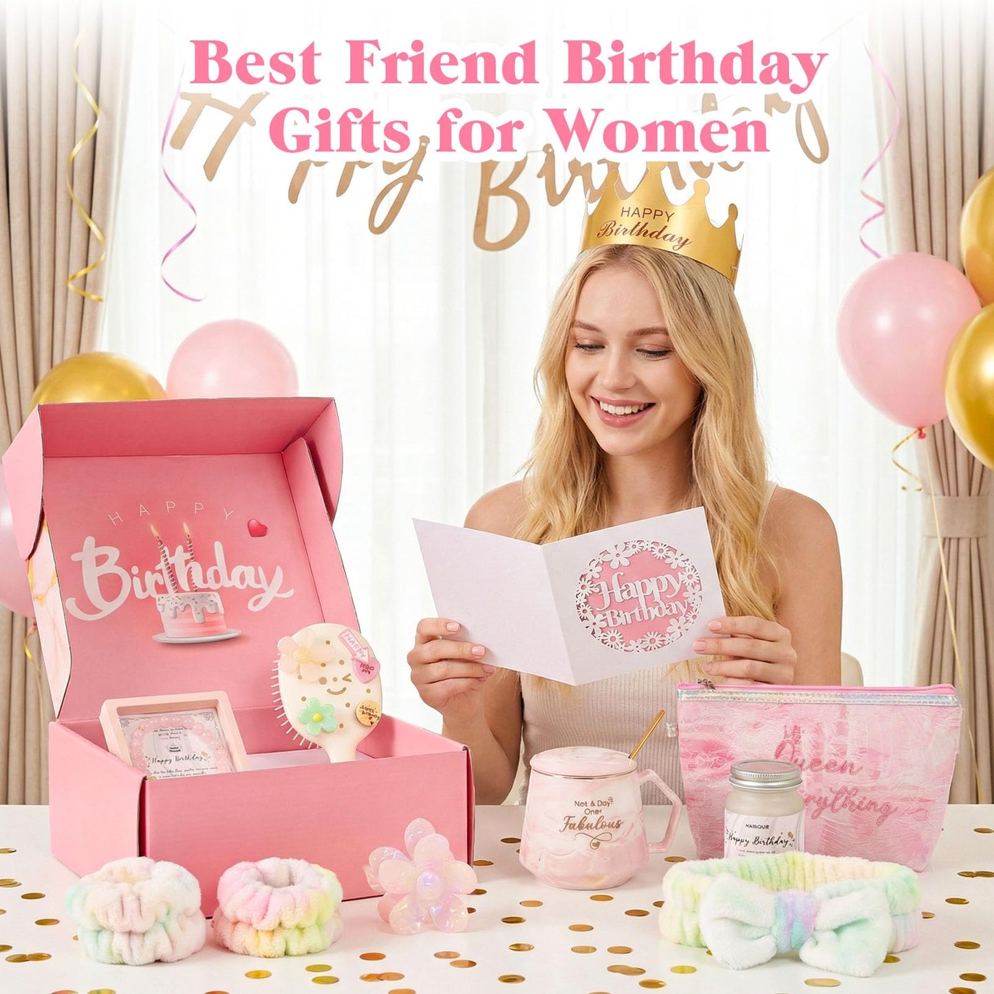 Birthday Gifts for Women Unique, Happy Birthday Gift Box for Teenage Girl, Daughter, Best Friend, Sister, Relaxing Self Care Birthday Gift Basket for Her 16th 18th 20th 21st 25th, Pink