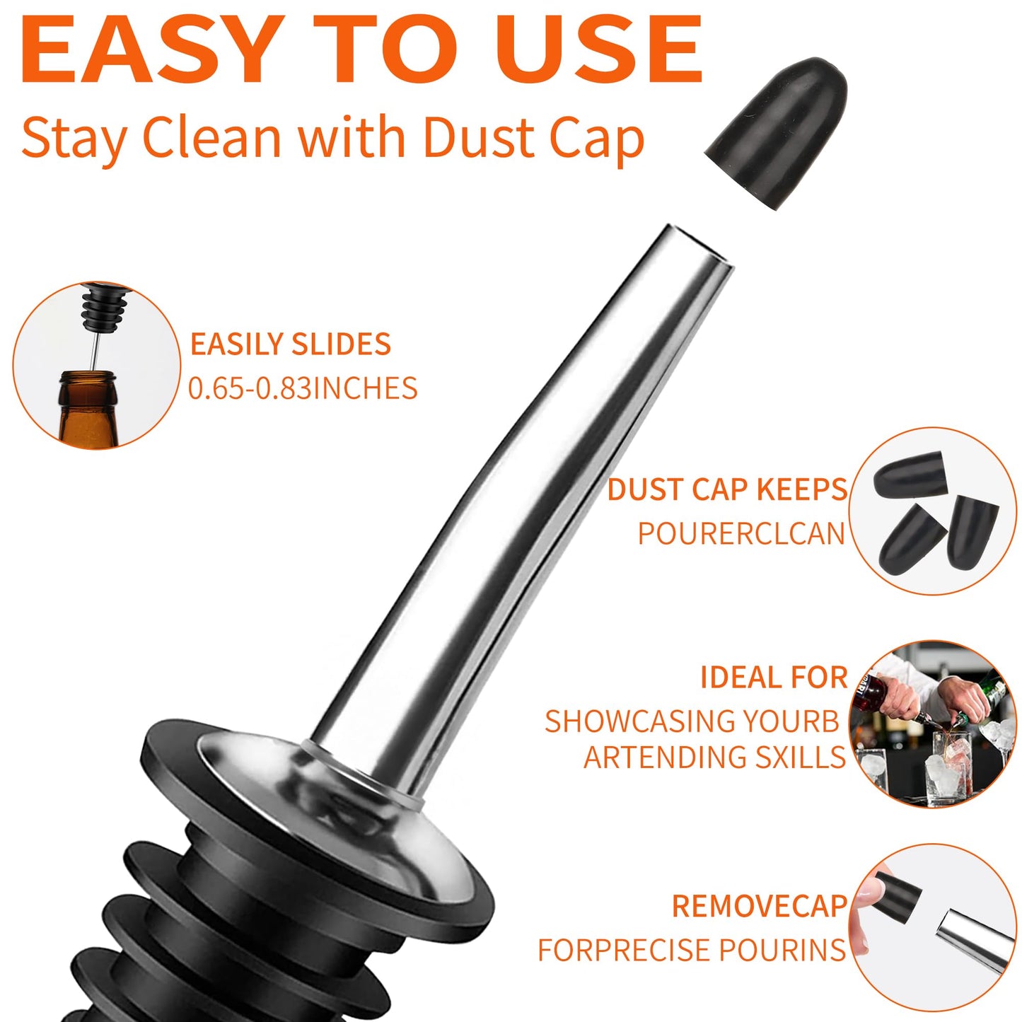48PACK Stainless Steel Pourers Spouts for Liquor Bottles,Liquor Pour Spout With Dust Caps,Bottle Pourers for Alcohol, Olive Oil - Speed Pourers, Bar Bartender Accessories