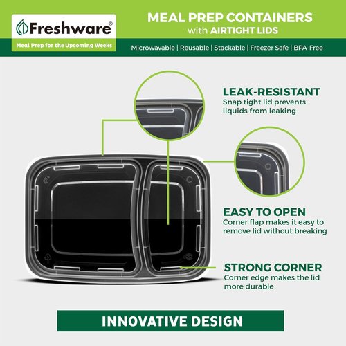 Freshware Meal Prep Containers - 15 Pack 2-Compartment Bento Box | BPA-Free, Stackable, Microwave & Freezer Safe (28 oz) - Black