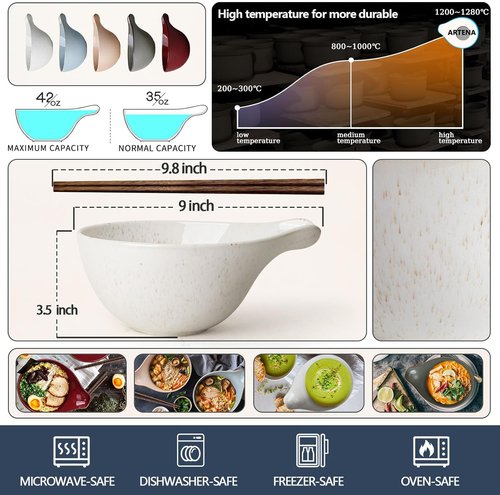 Artena Ramen Bowl Set - 42oz Ceramic Noodle Bowl with Chopsticks | Large White Soup & Pasta Bowl