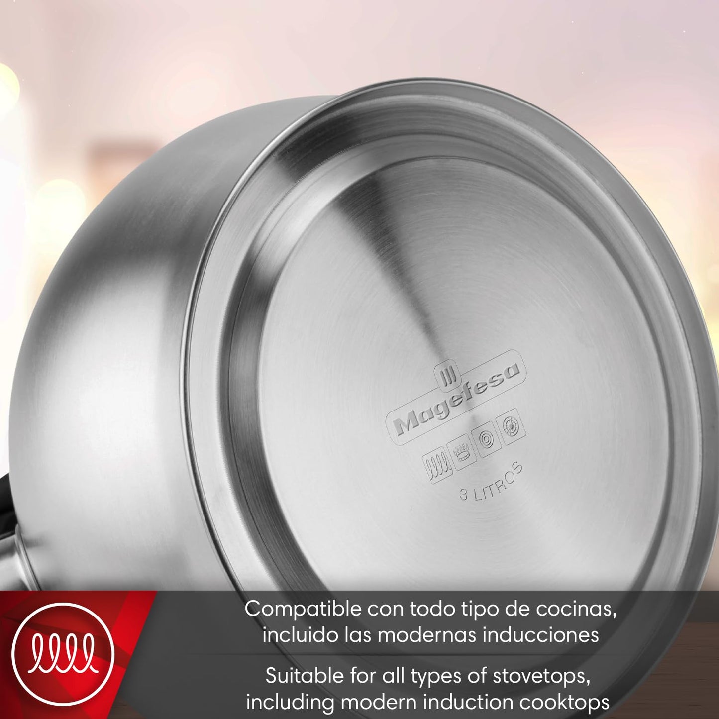 Magefesa Silver 3.1-Quart Stainless Steel Whistling Tea Kettle, Satin-Polished Exterior, Drip-Free Pouring System, Suitable for All Stovetops Including Induction, Removable Lid, Teapot