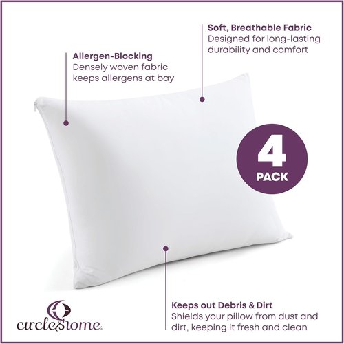 CirclesHome Pillow Protectors - 100% Cotton Zippered Pillowcases | Breathable & Dirt-Resistant (Queen, Set of 4)