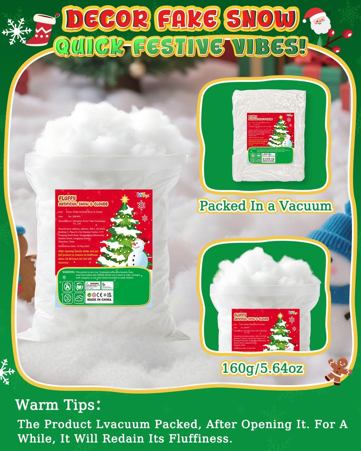 Skiennix Fluffy Fake Snow | 17.64oz Cotton Artificial Snow for Christmas Decor & Indoor Parties