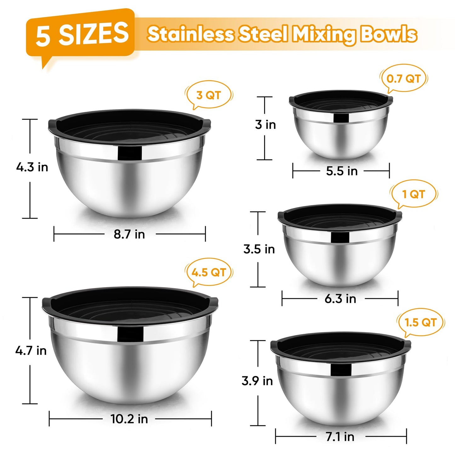 TeamFar Mixing Bowl Set of 5, 4.5/3/1.5/1/0.7 QT, Stainless Steel Metal Nesting Salad Bowl with Lid Set, Ideal for Mixing Serving, Non-Toxic & Sturdy, Airtight Lid & Easy Clean, Black