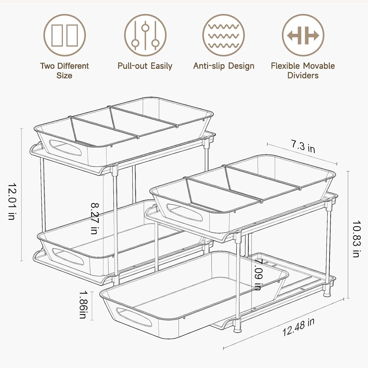 MHHA Bathroom Cabinet Organizer - 2 Tier Clear Under Sink Storage with Dividers | Pull-Out Kitchen Pantry Bins