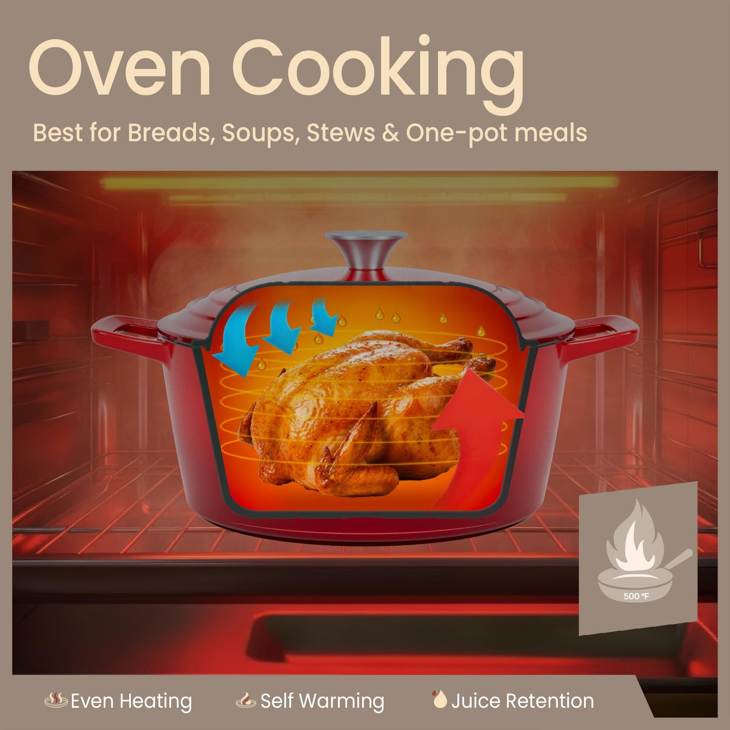 Bakken Enameled Cast Iron Dutch Oven Pot, 6QT Dutch Oven for Bread Baking, Braising & Roasting, Kitchen & Campfire Cooking, Moisture-Locking Lid, Oven Safe Up To 500°F, Works on All Cooktops, Red