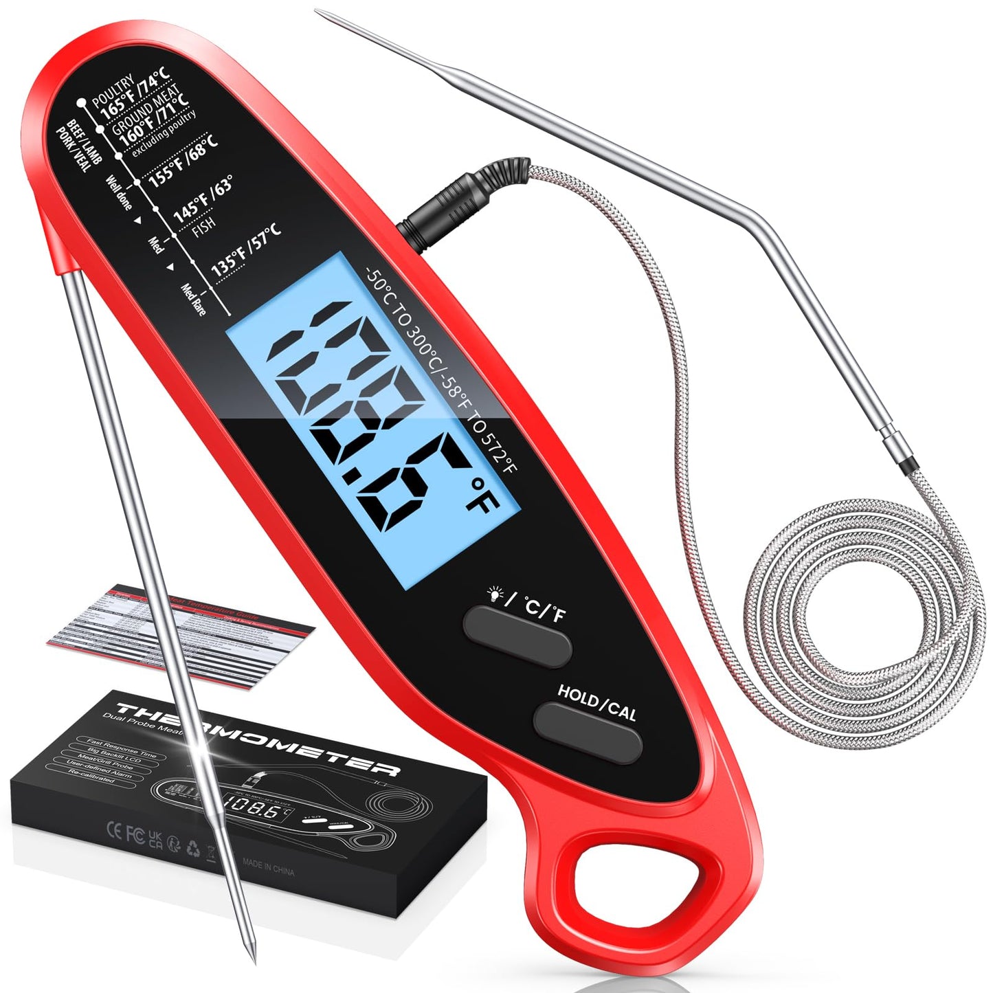 Vuwwey Instant Read Meat Thermometer Digital with Dual Probe, Food Thermometer for Cooking & Grilling, Large Backlit & Calibration, for Kitchen/Oven/Grill/Smoker/BBQ/Candy/Oil/Fry, Gifts for Men & Dad