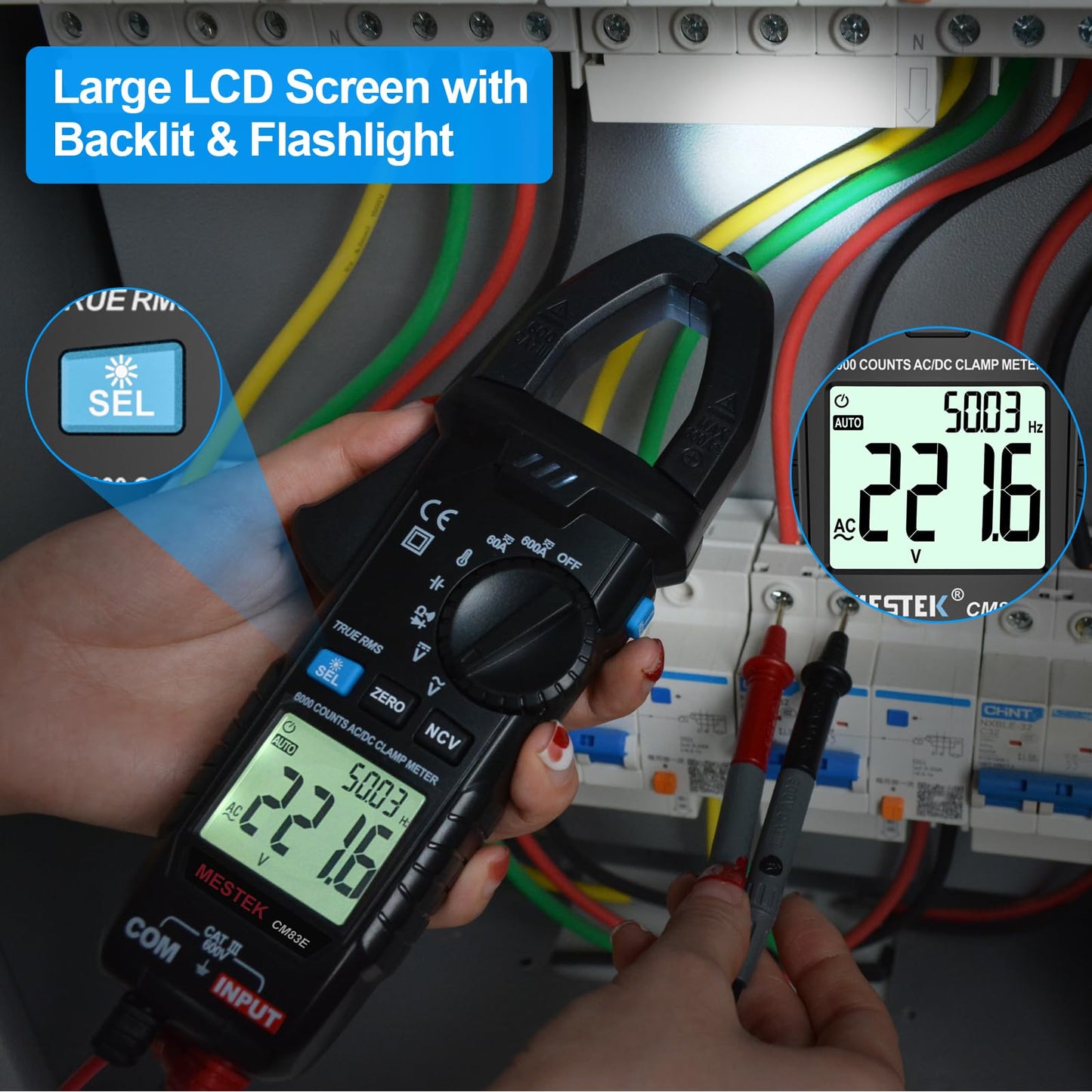 MESTEK Digital Clamp Meter Multimeter, TRMS 6000 Counts 600A Current Amp Volt Meter, Auto-Ranging Voltage Tester Measures AC DC Current Voltage Resistance Capacitance Temperature Diodes Continuity NCV
