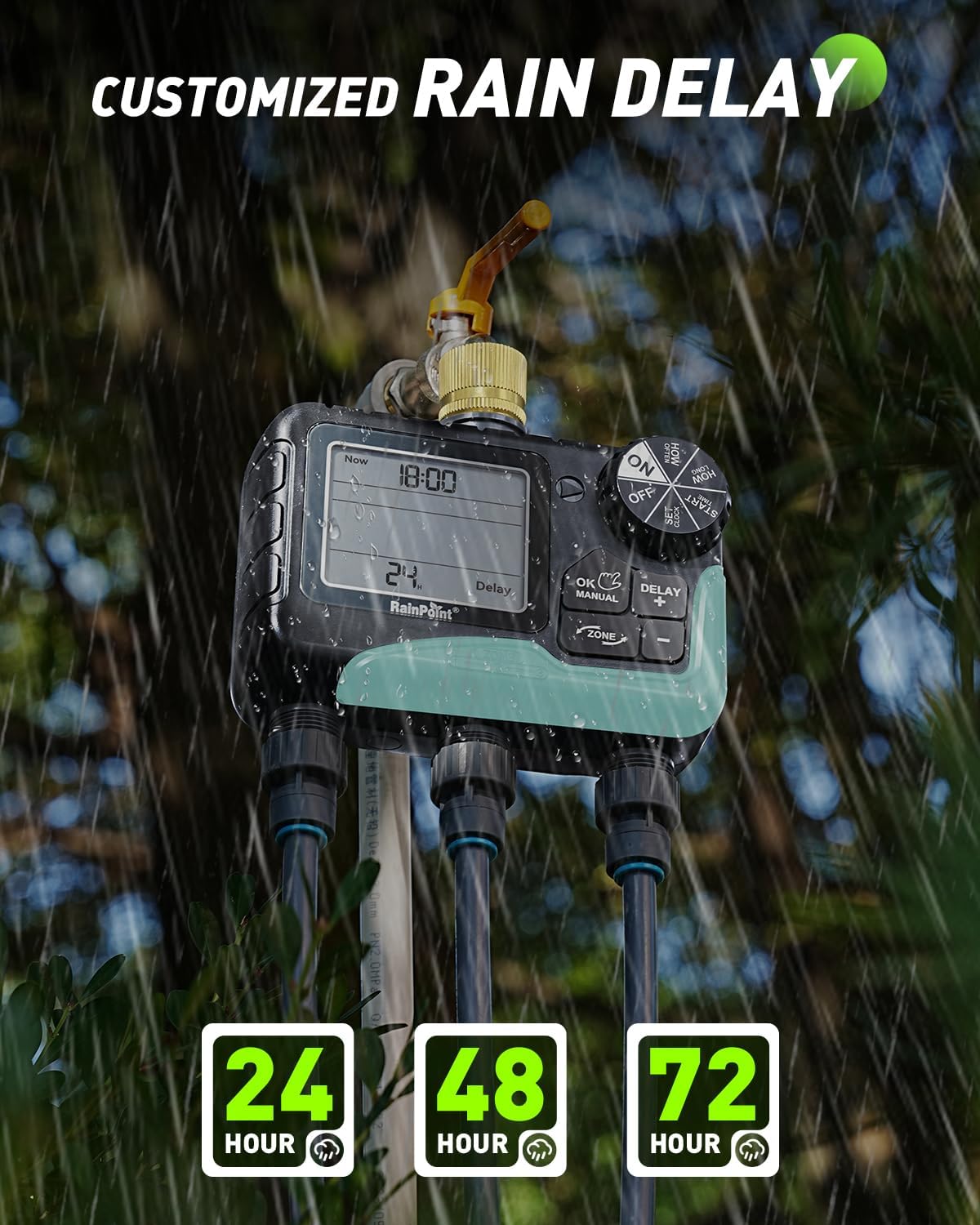 RAINPOINT 3-Zone Sprinkler Timer - Automatic Watering System with Brass Inlet & IP65 Waterproof | Large LCD Display