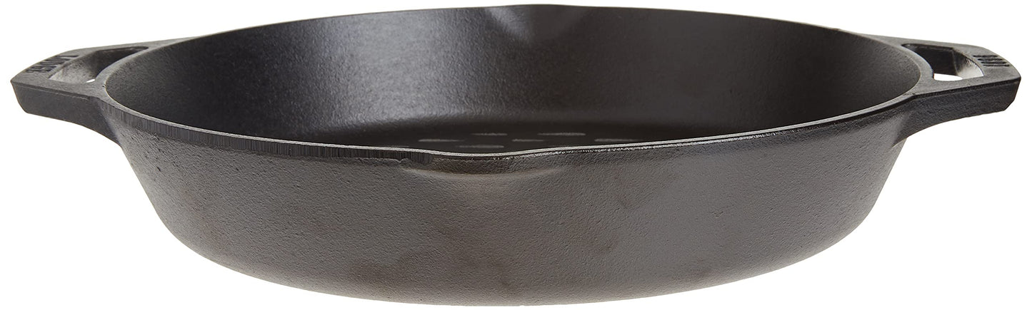 Lodge Pre-Seasoned Cast Iron Round Grilling Pan - Use on the Grill - Grilling Pan Designed to Protect Food from Falling Through the Grate - Cast Iron 12 Inch