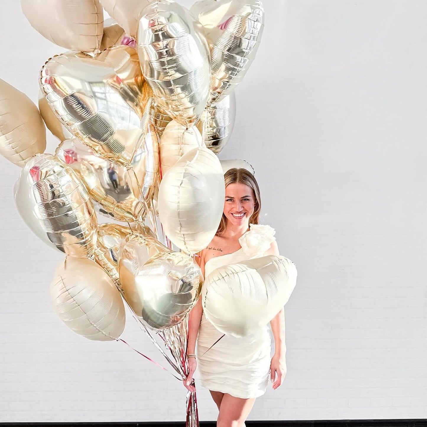 Skiennix Heart Balloons - 12 Pcs Cream White & Gold Foil Balloons | 18-Inch Beige Helium Decor for Baby Showers & Weddings