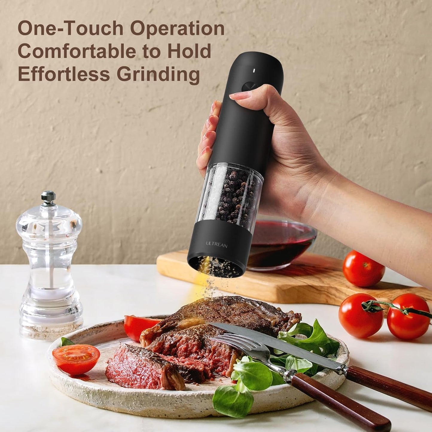 Ultrean Rechargeable Pepper Grinder - Automatic Salt & Pepper Mill with LED Light & 6 Coarseness Settings | Black