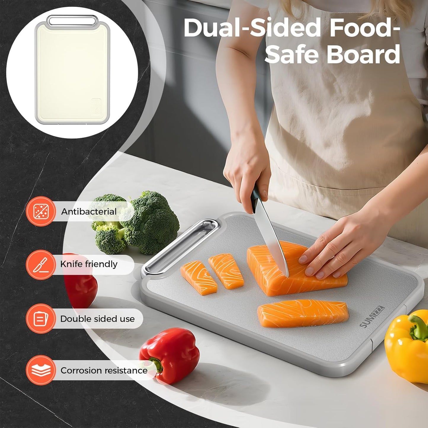 Sumzzz Stainless Steel Cutting Board - 2-in-1 Double-Sided Chopping Board, Large 16”×11”, Dishwasher Safe