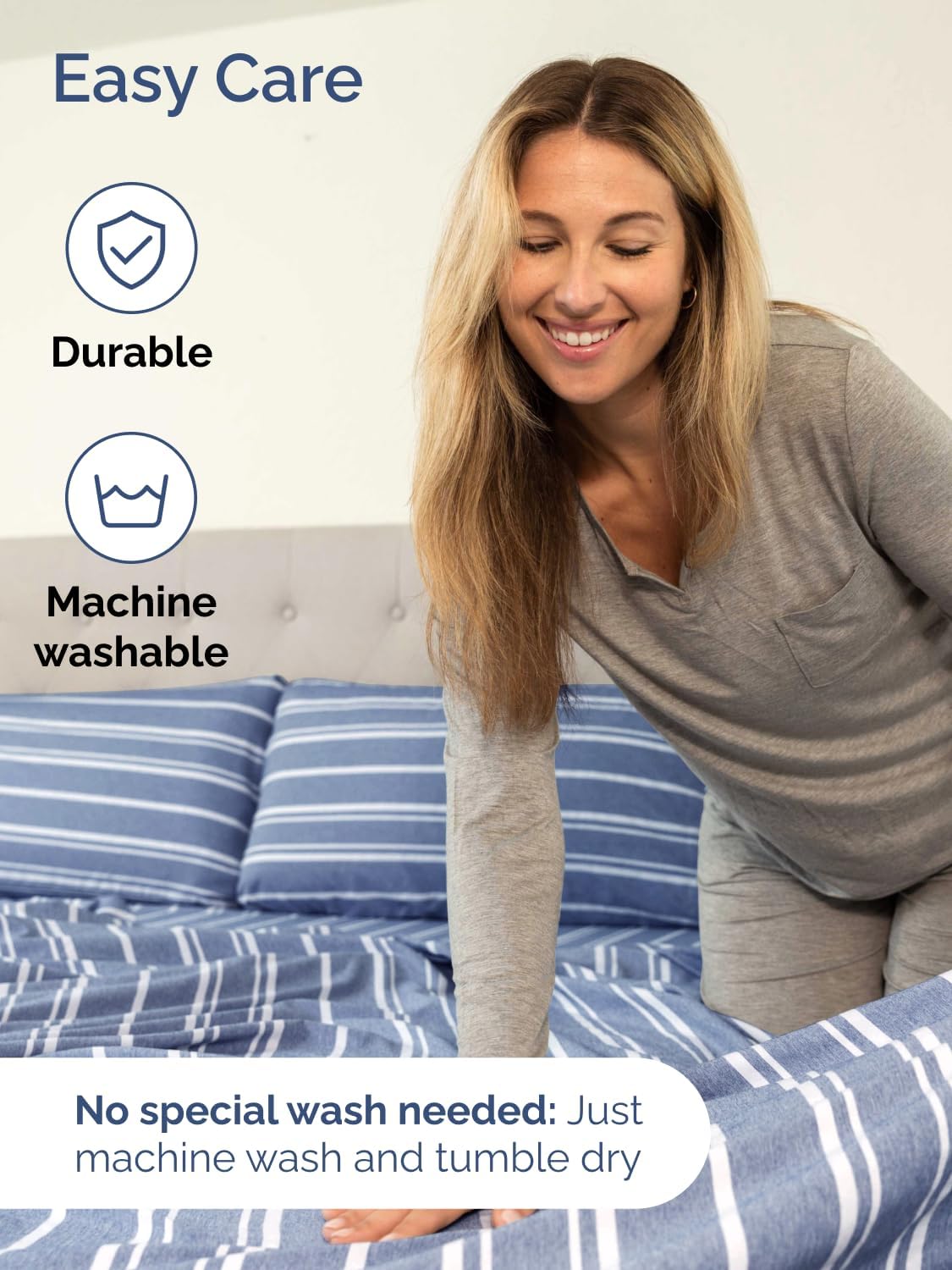 Skiennix Extra Deep Queen Sheet Set | 6-Piece Breathable Cooling Bedding - Soft, Wrinkle-Free - Blue Stripes