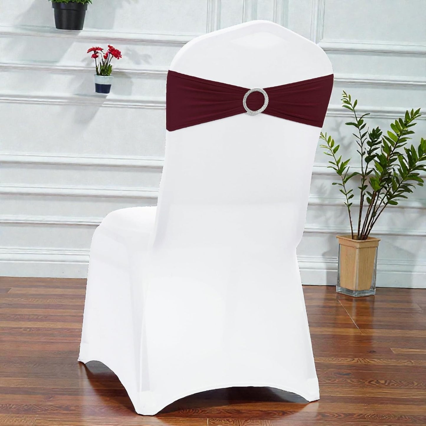 MDS Premium Spandex Chair Sashes - Universal Stretch Covers with Buckle Slider | Pack of 50 - Burgundy