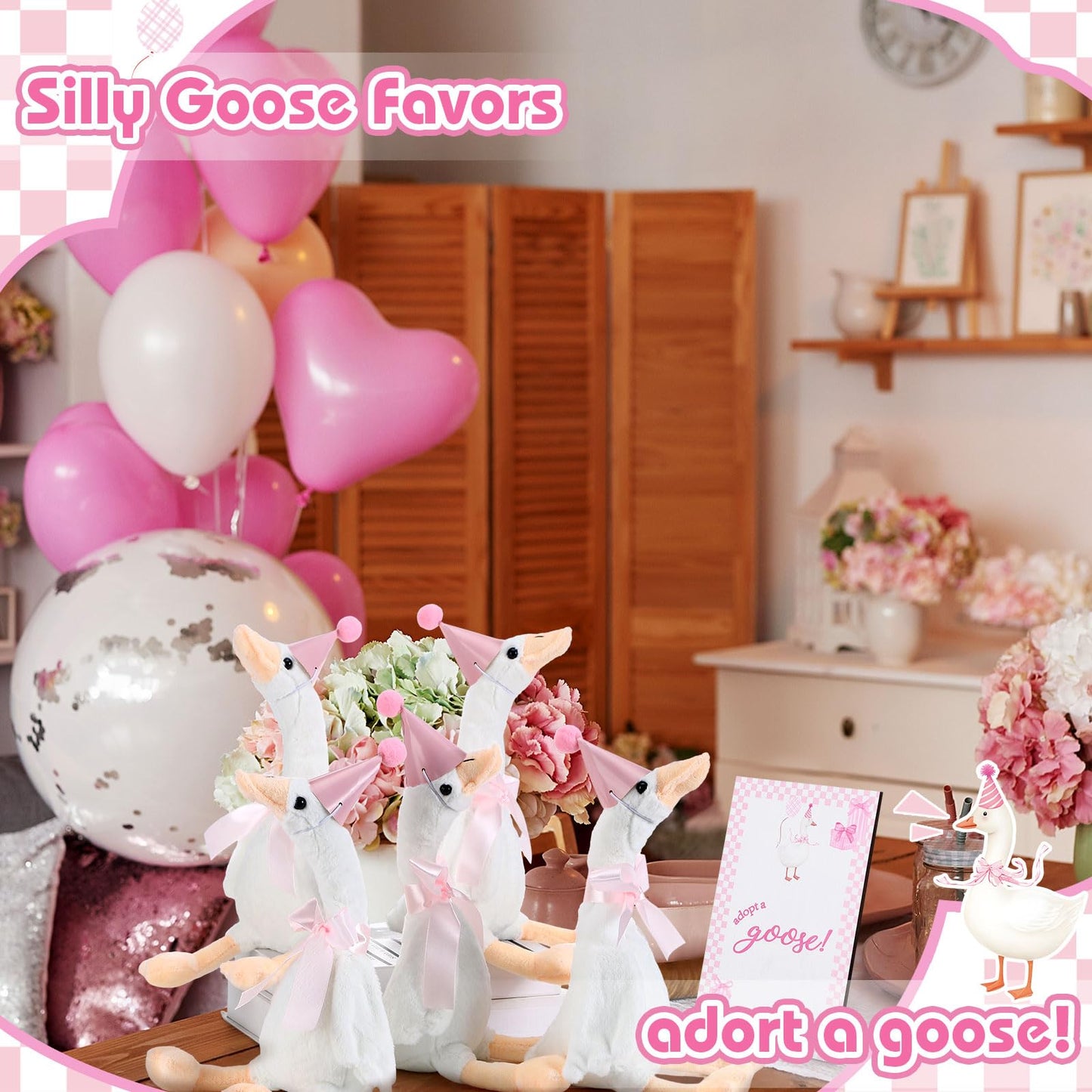 Blueweenly 8 Sets One Silly Goose Birthday Decoration 15.7 Inch Soft Silly Goose Stuffed Animal Hat with Wood Table Decor for Birthday Party Decoration