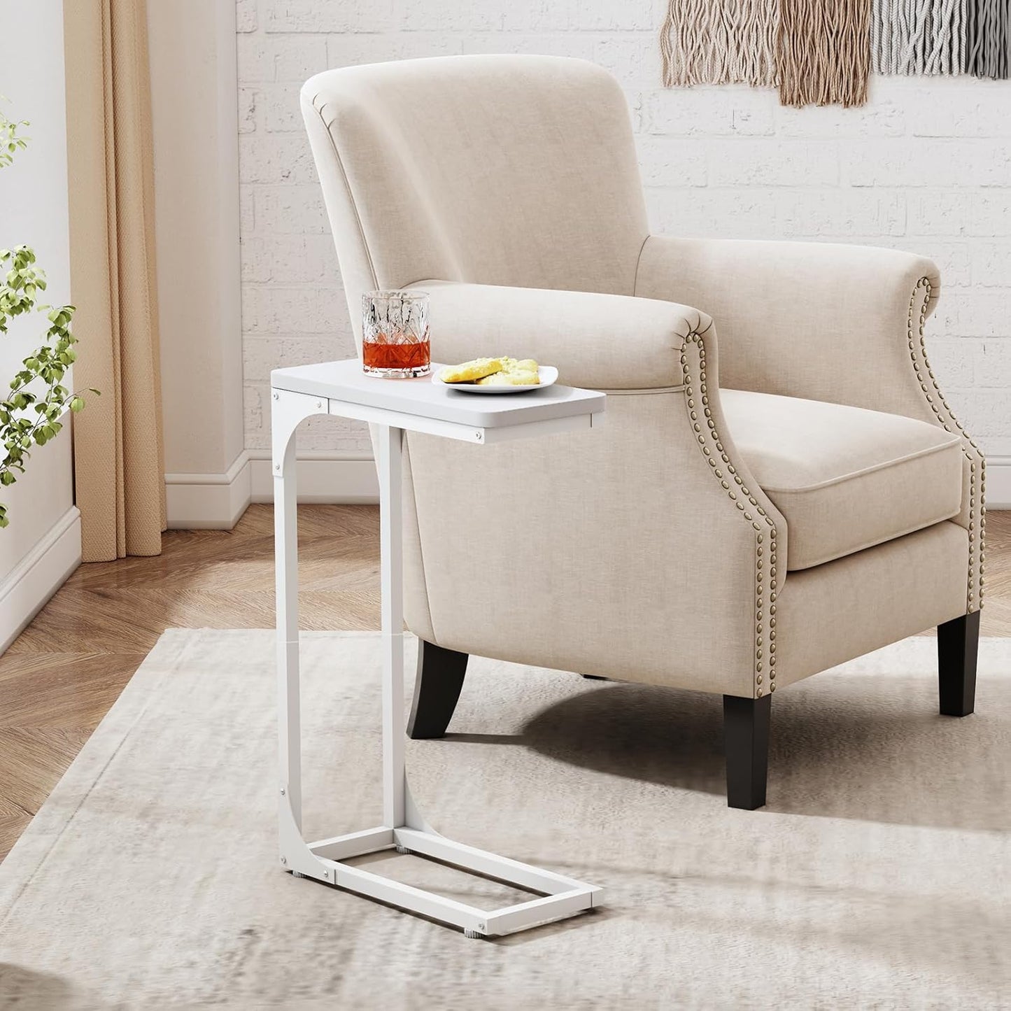 QEEIG Narrow C Shaped Side Table Set of 2 - Slim Modern Couch Tray Tables | White, 7-Inch Width