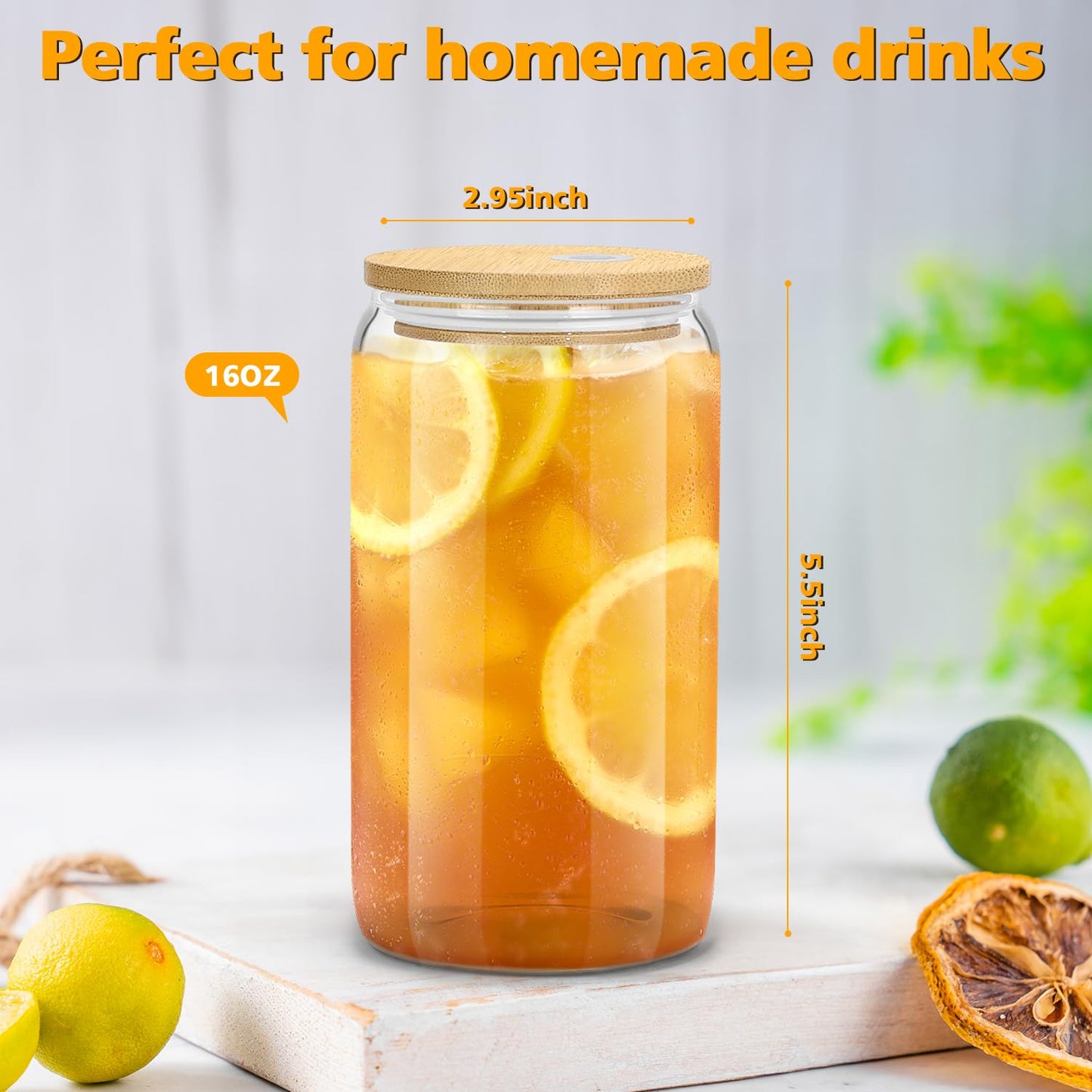 sungwoo 12PCS Glass Cups with Bamboo Lids and Straws, 16OZ Ice Coffee Cup, Drinking Cup set with Wooden Lids, Home Essential Glass Tumblers for Beer, Cocktail, Tea and Latte Clear