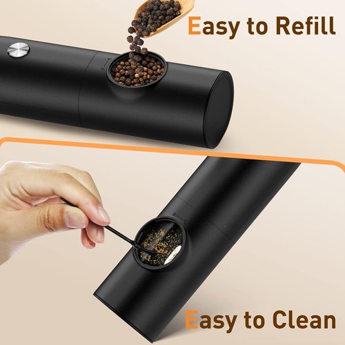 Electric Salt and Pepper Grinder Set - USB Rechargeable Automatic Mill with Adjustable Coarseness | One-Hand Operation & LED Light - 2 Pack