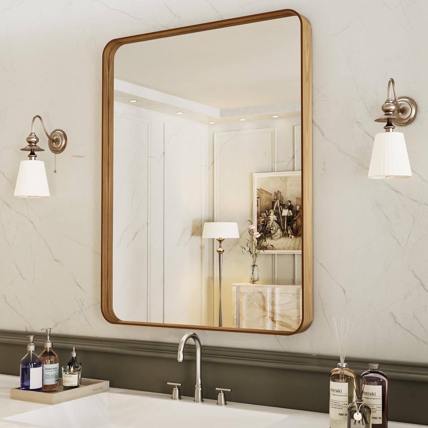 LOAAO Bathroom Mirror - 24x32 Inch Rounded Rectangle with Wood Grain Metal Frame | Anti-Rust, Versatile Hanging Options