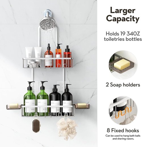 Aluminum Shower Caddy by [Brand Name] - Rust-Free Hanging Organizer with Hooks & Soap Holder | Bright Silver