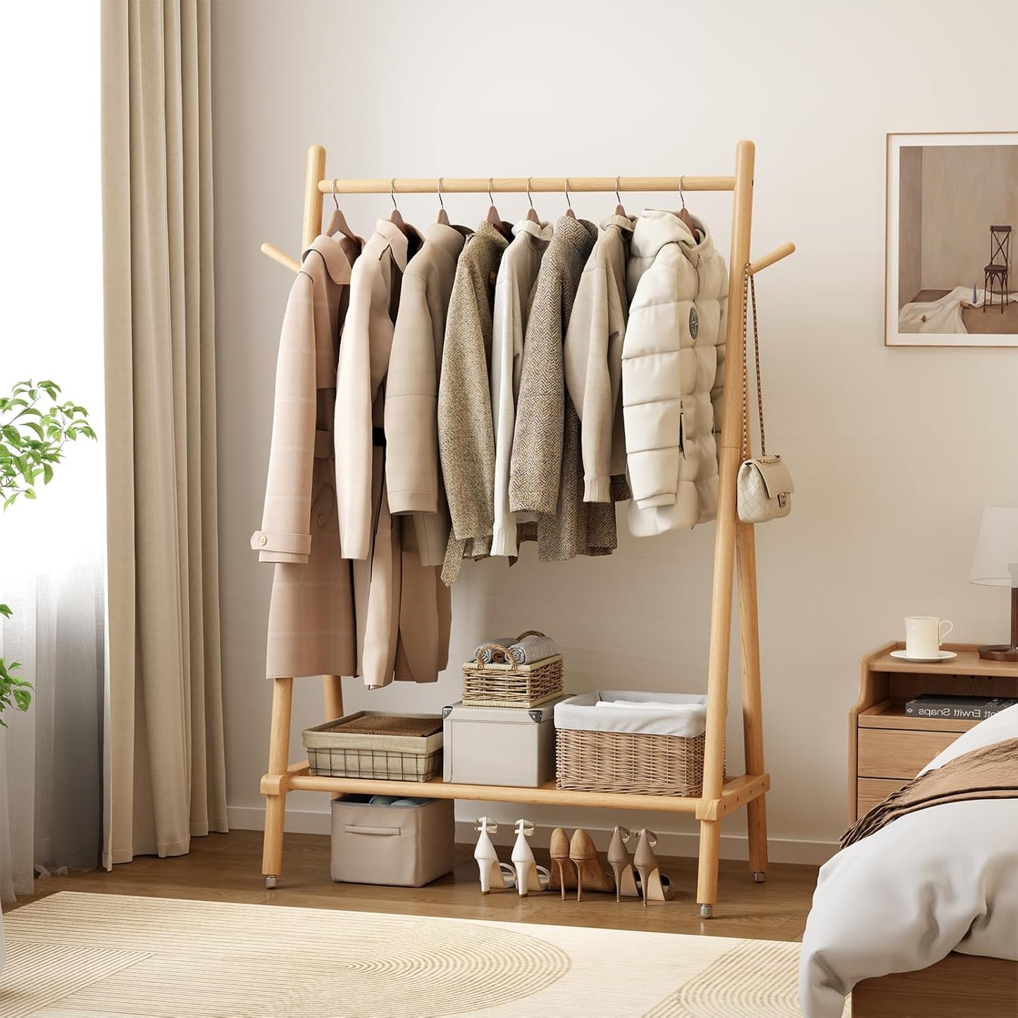 Muwuele Solid Wood Clothing Rack - Rolling Garment Rack with Shelves | Portable Closet Organizer (Natural)