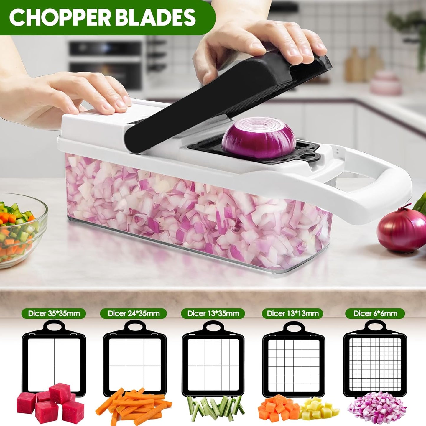 Skiennix Vegetable Chopper - 10 Blades Slicer & Dicer | 23-in-1 Mandoline Cutter with Hand Protector & Container (Black)